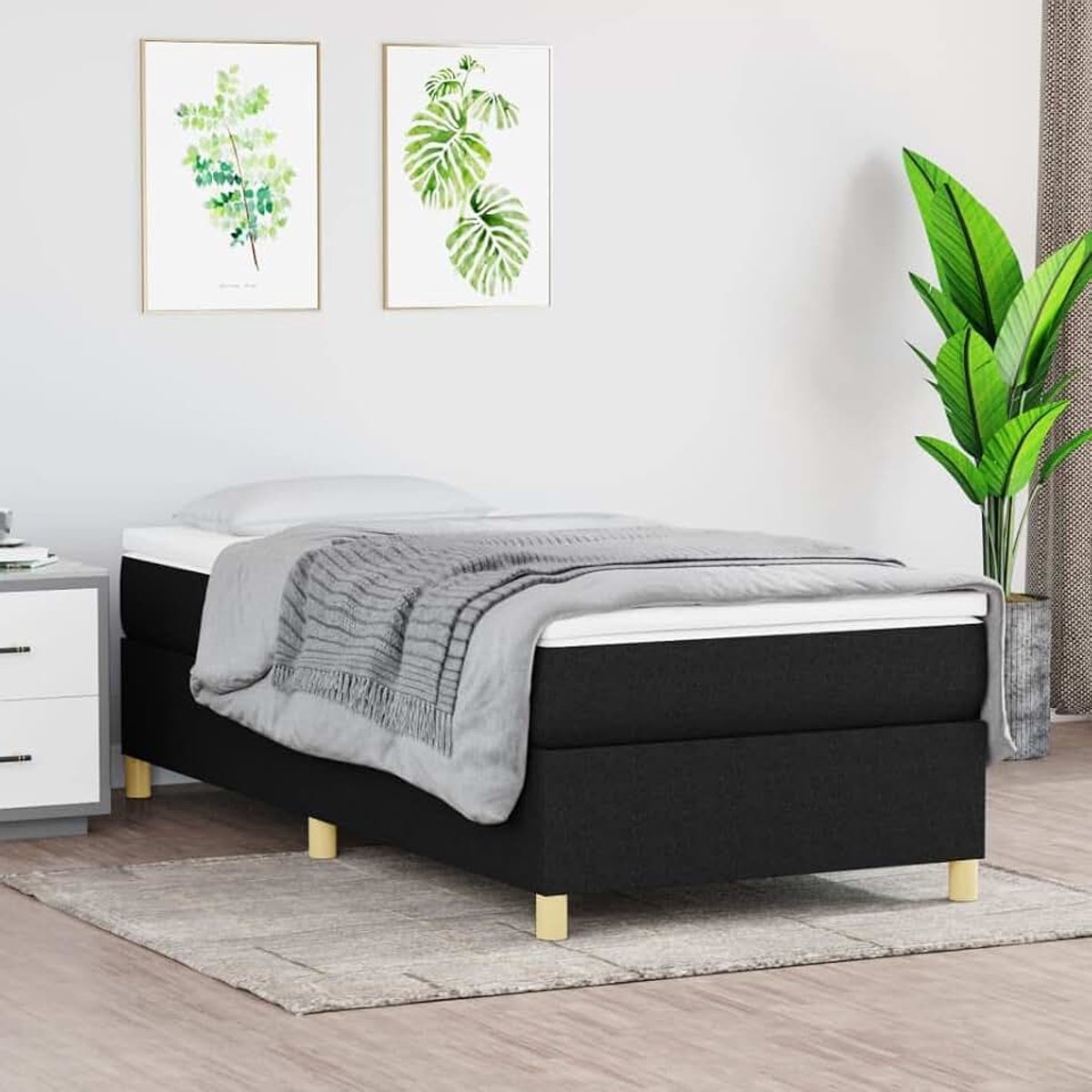 Boxspring Pocketvering middelhard Zwart 90x190 cm | Boxspring met matras stof zwart 90x190 cm pocketvering matras medium hard slaapcomfort