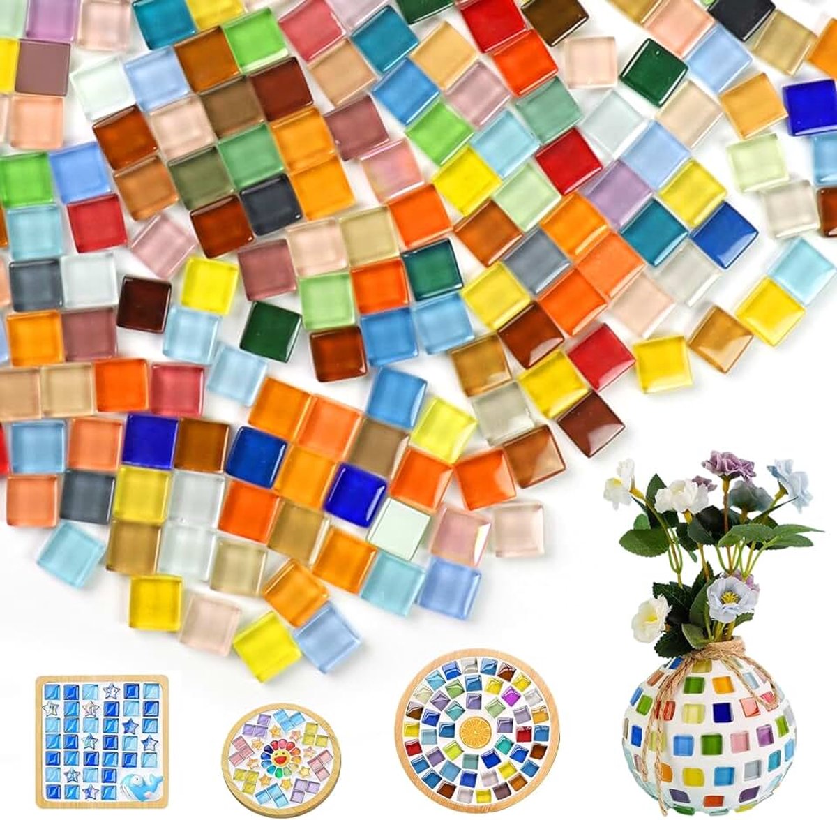 1000 g mozaïek tegels kunst en ambachten, 1 x 1 cm gemengde kleur kristal mozaïek voor handgemaakte ambachten, kunst, doe-het-zelf, woondecoratie, borden, fotolijst, vazen, bloempotten, kopjes, cadeau