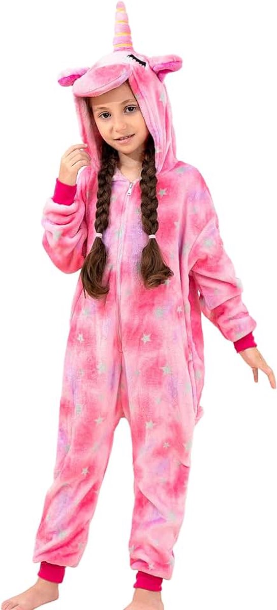 Meisjespyjama, eenhoorn-kostuum, 2-10 jaar, 6 kleuren, eendelig, fleece, flanel, met capuchon, Roze, 3-4 Jaren