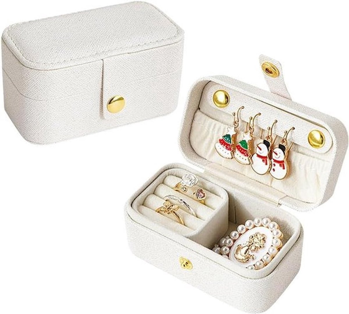 Mini Travel Sieraden Opbergkoffer Draagbaar Sieradendoosje Organizer van Faux PU Leer voor Ketting, Ringen, Armbanden, Oorbellen - Wit - Compact en Stijlvol Organisatiesysteem
