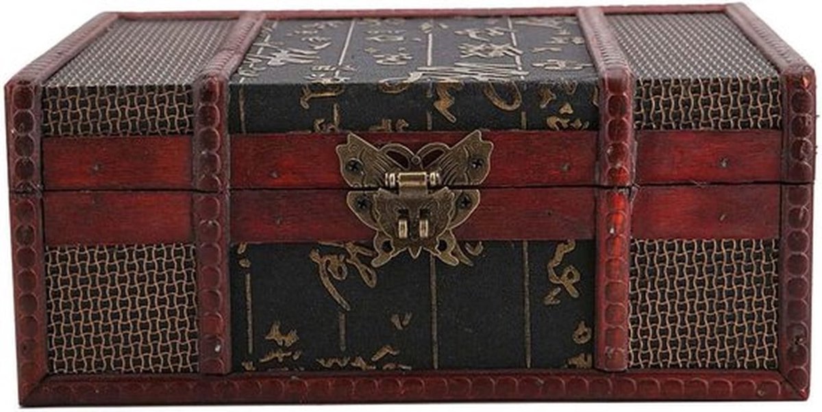 Retro Houten Sieradenbox met Slot, Antieke Schatkist in Chinese Stijl, Perfect voor Sieraden en Kleine Spulletjes, 23 x 16 x 10 cm