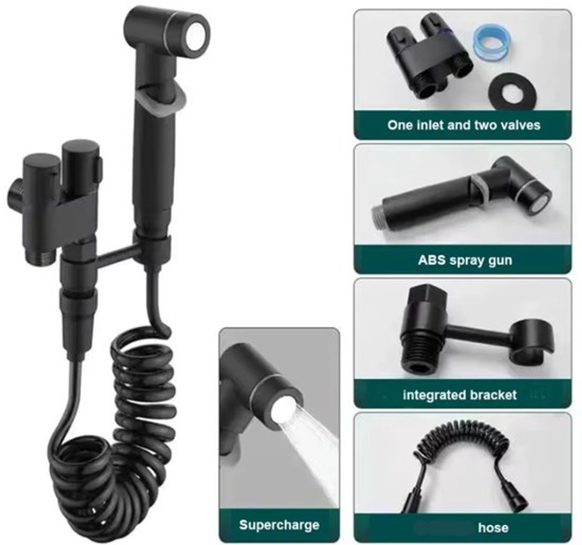 Hogedruk spoelset, toiletreinigingsspuitpistool, handmondstuk voor badkamers en toiletten - zwart