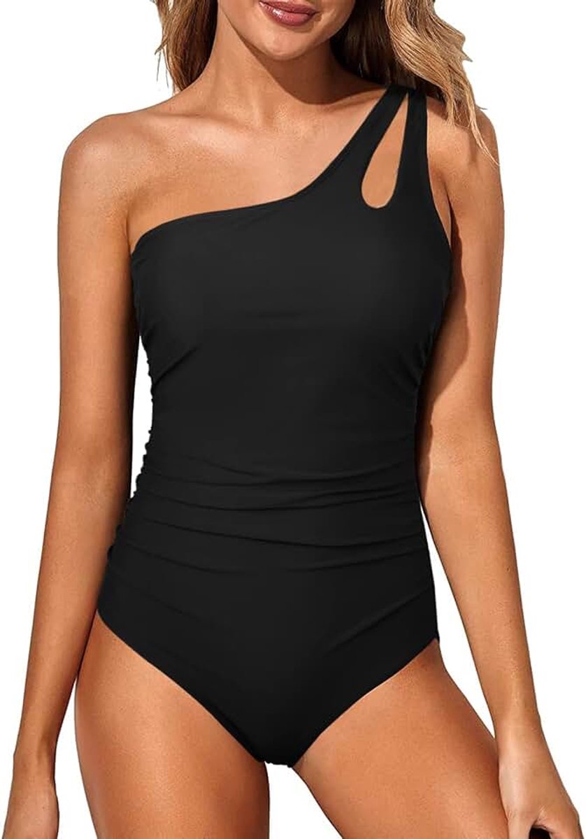 Badpak uit één stuk, zwempak voor dames, met één schouder, buikbedekkend, badkleding