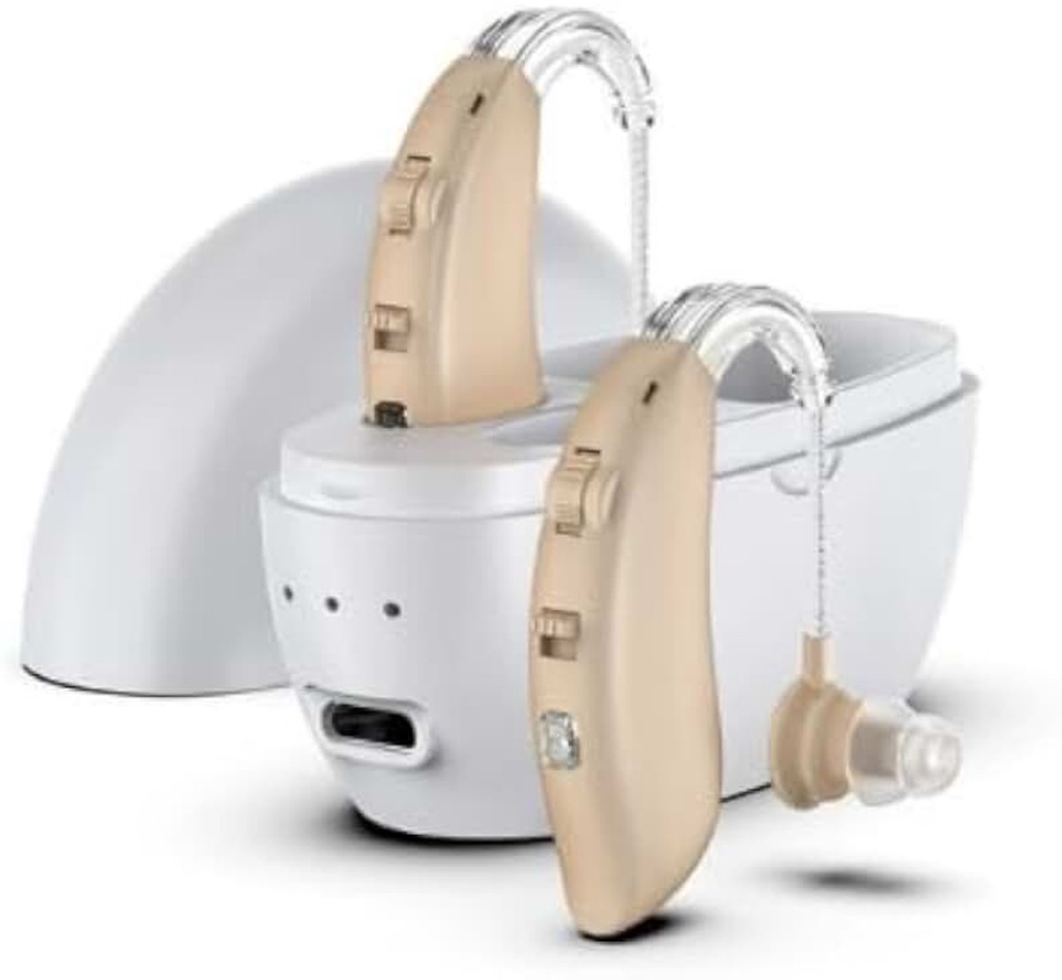 Geluidsversterker, hoofdtelefoon in hangende stijl, oplaadbare hoofdtelefoon met oplaadkoffer, eenvoudige bediening, ergonomische pasvorm (beige, 2 stuks)