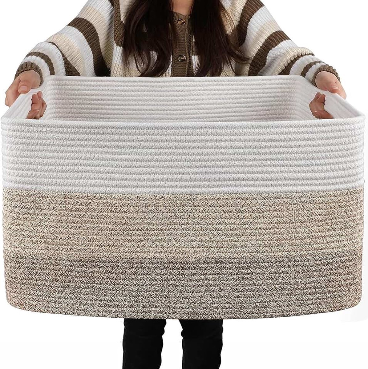 Katoenen touw-opbergmand met handgrepen, geweven mand voor kleuterschool, kinderkamer, badkamer, speelgoed, boek, deken, opslag, organisatiemanden voor planken