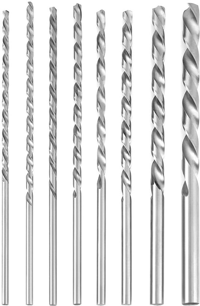 8-delige boorset van 200 mm lang voor zacht metaal, aluminium, hout en kunststoffen met spiraalboren van hoge snelheidstaal - 4-10 mm diameter