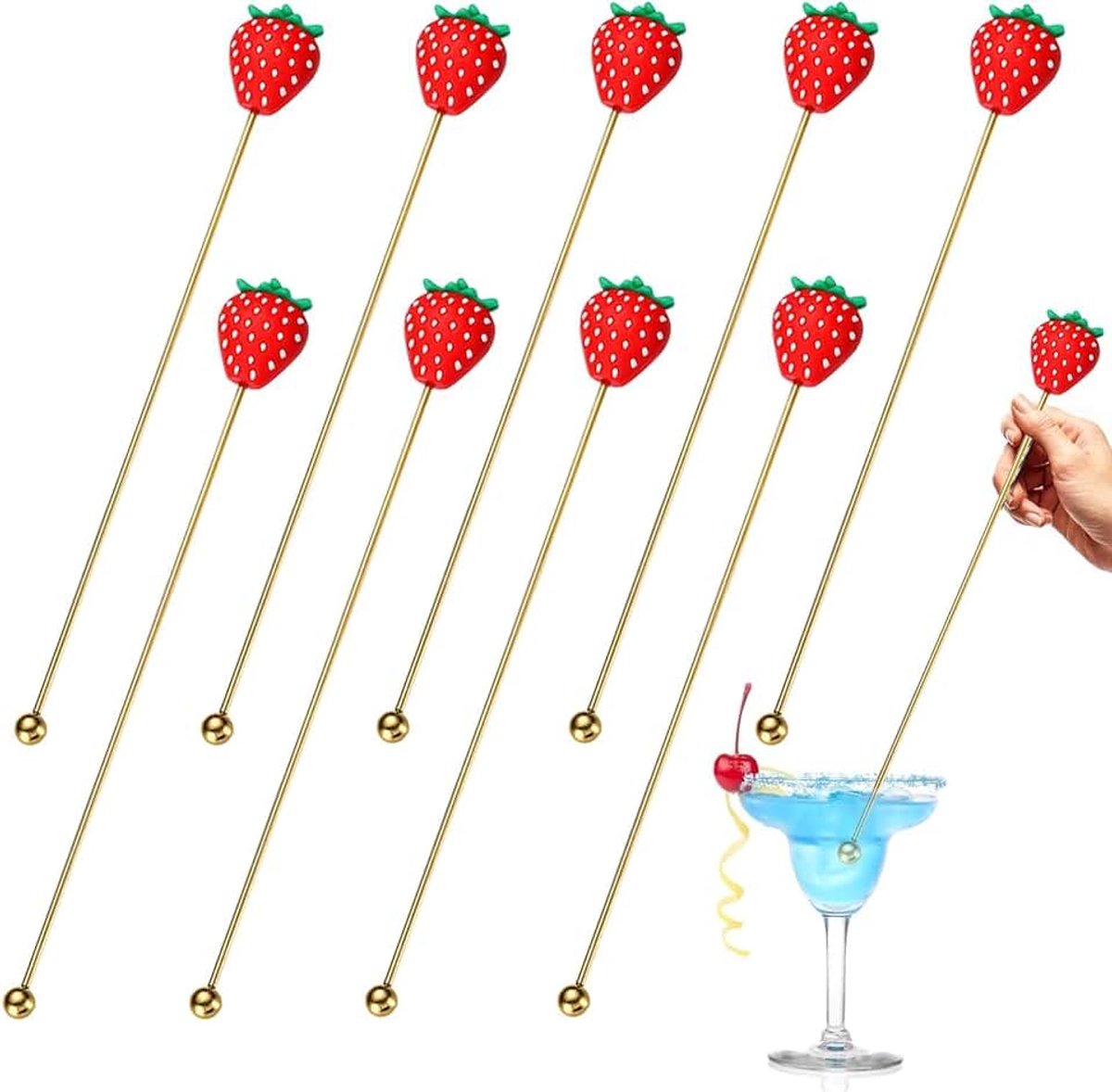 Cocktailroerders voor drankjes,roerstokjes voor cocktails,10 stuks Aardbei | Cocktail Roerstokjes | Roestvrijstalen cocktailmixer, staafmixer het roeren van cocktails en drankjes
