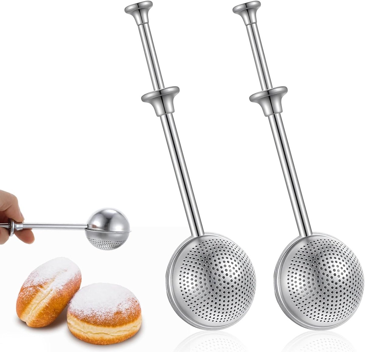 2 stuks roestvrijstalen meelzeef poedersuikerstrooier, meelsprinkler, meelstrooier met 18 cm veergreep van suiker, meel en specerijen voor bakken, decoreren van taarten en keuken