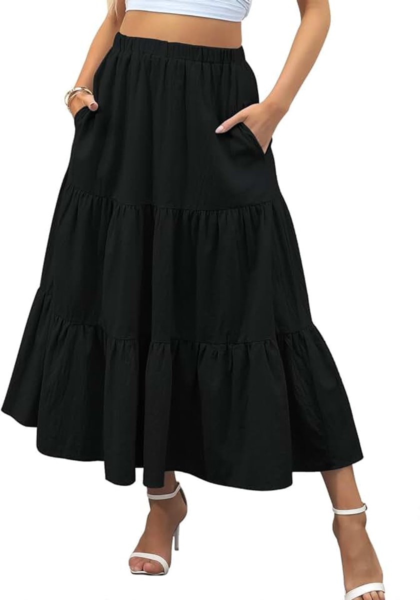 Rok voor dames, lange rok met hoge taille, zomer, maxirok, elegant, A-lijn, lange rok, casual, elastische rok met zakken, S-XXL