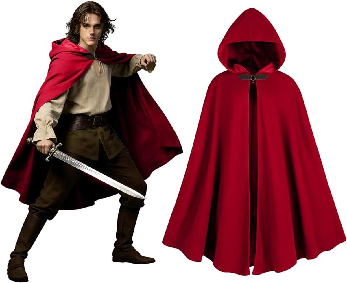 Kostuum met capuchon, mantel met capuchon voor dames en heren, renaissance-cape met capuchon, voor Halloween, heks cosplay kostuum (wijnrood)