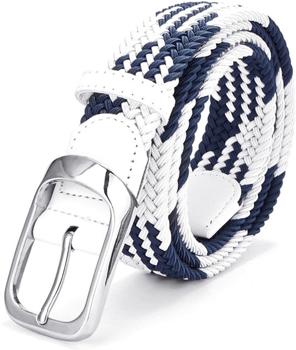 - Vlechtband - Stretchriem - Comfortabel en veelzijdig - Wit blauw + L8 - Sportieve riem - Perfect voor outdoor en fitness