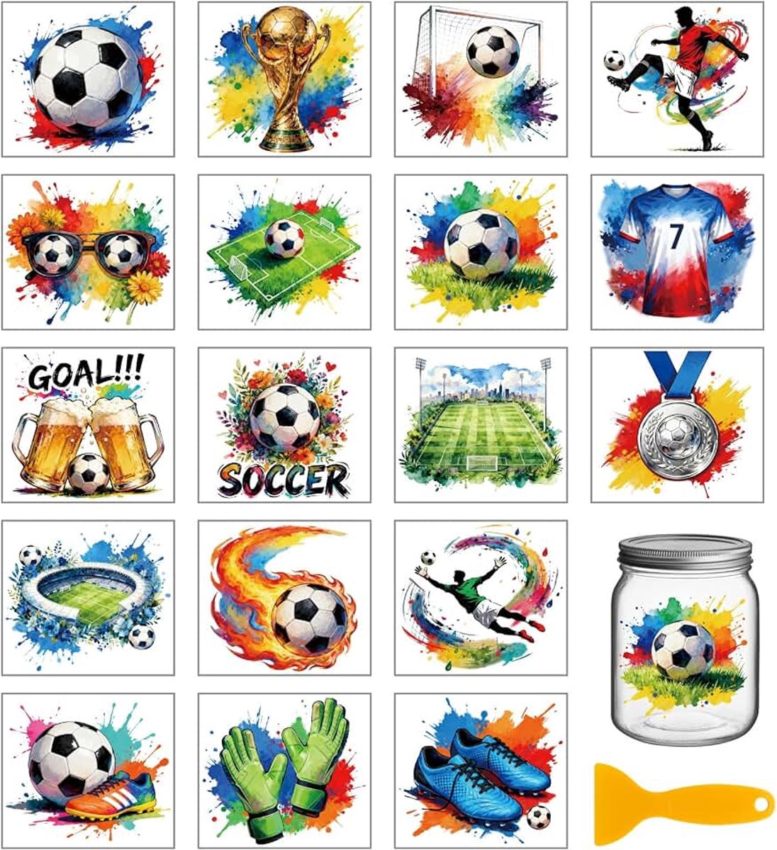 Transferstickers, 18 vellen, uv-transferpapier, voetbal-sportdesign, meerkleurig, 10 x 9 cm, voor flessen/glas/meubels/keramiek, voetbalthema, sportmotieven, waterdicht