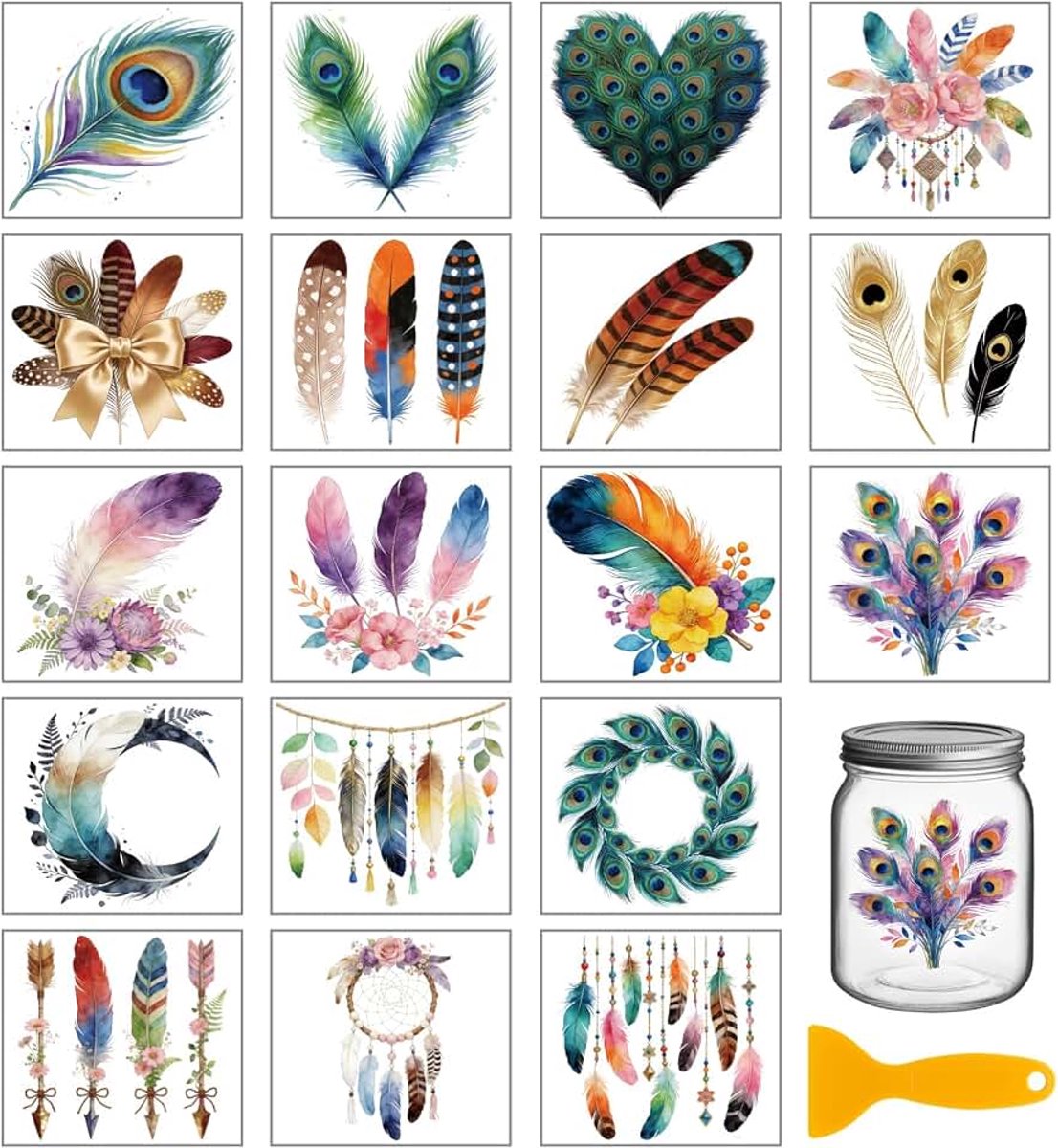 18 vellen veren, Rub-on-transferstickers voor knutselen, 9,9 x 9,1 cm, pauwenveer, kleurrijke decoraties, transferstickers voor flessen, glas, kopjes, vazen, decoratie