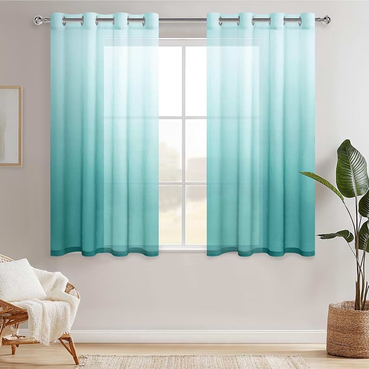 Gordijnen Voile gordijnen met ogen kleurverloop halftransparant slaapkamer decoratie kort gordijn, 145 cm x 140 cm (H x B) set van 2 wit blauw groen