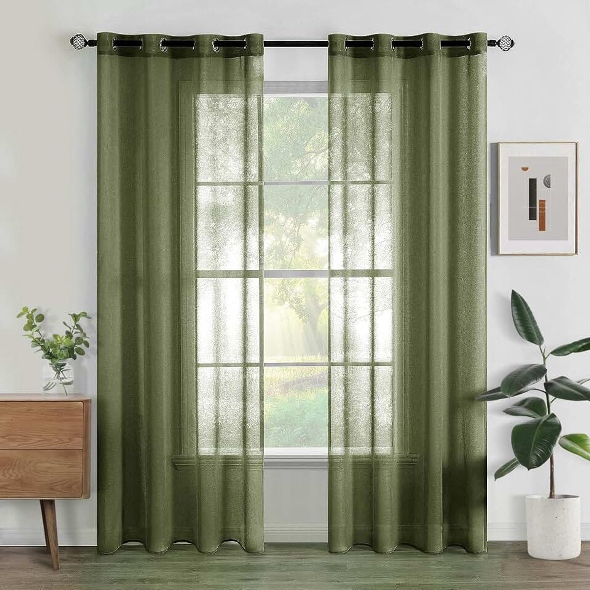 Set van 2 transparante gordijnen met ringen, semi-transparante binnengordijnen voor slaapkamer, woonkamer, huis, 140x260 cm, olijfgroen