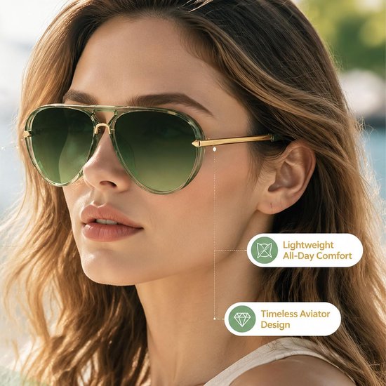 Pilotenzonnebril Dames, Double Bridge Design met UV400 Bescherming voor Rijden & Vakantie, Inclusief Zwart Etui — afbeelding 5