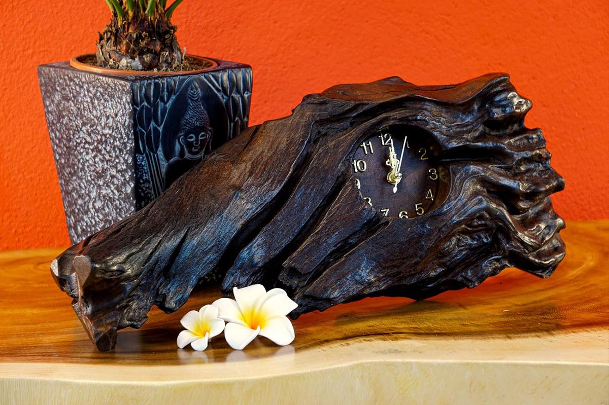 Wortelhouten klok - 18cm tafelklok - staande klok van teak - haardklok van wortelhout