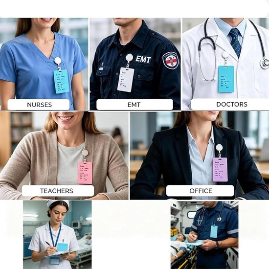 Collage van professionals (verpleegkundigen, EMT, artsen, leraren, kantoorpersoneel) die herbruikbare notitieblokjes dragen op badgehouders.