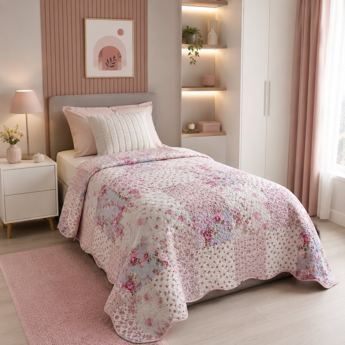 TRANKIELO® - Patchworkdeken met rozenmotief – Landelijke stijl – Bedsprei 140 x 210 cm – Zacht gewatteerd