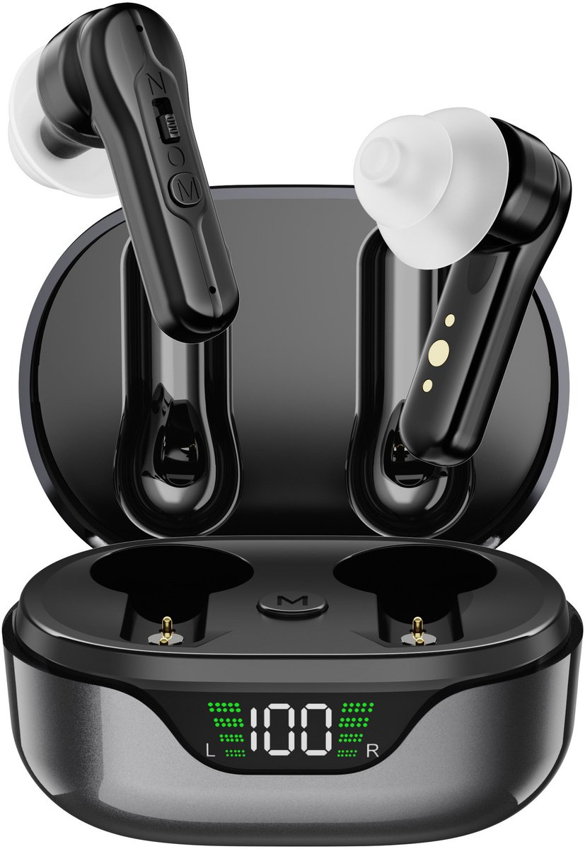 Mini digitale spraakversterker voor senioren - ruisonderdrukking, in-ear digitale hoofdtelefoon met oplaadetui - zwart