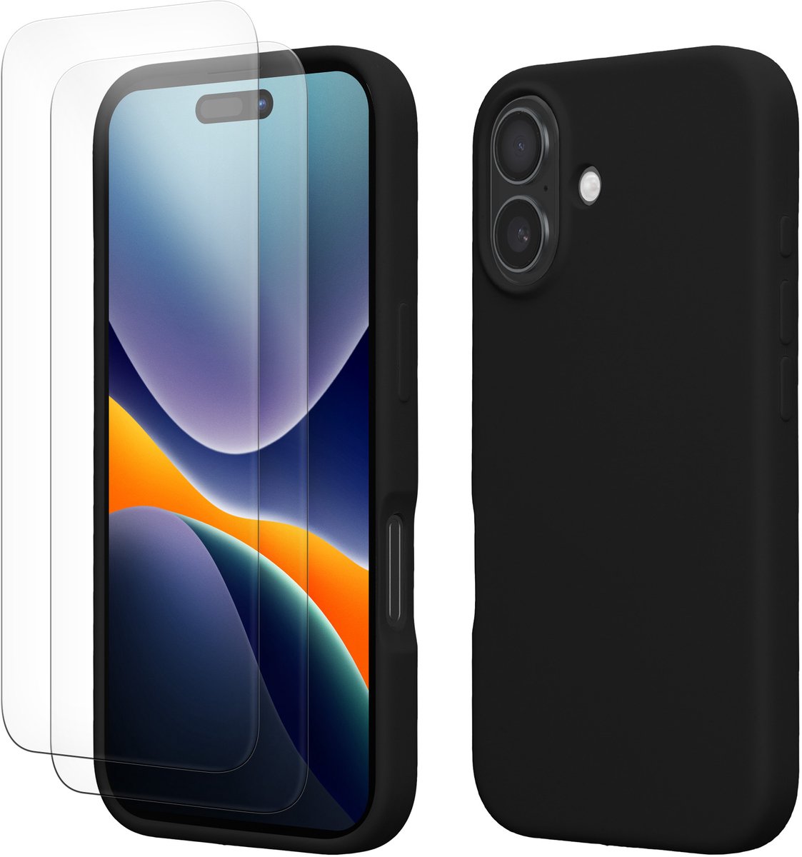 kwmobile hoes met 2x screenprotectors voor Apple iPhone 16 – screenprotector van gehard glas – draadloos opladen – zwart
