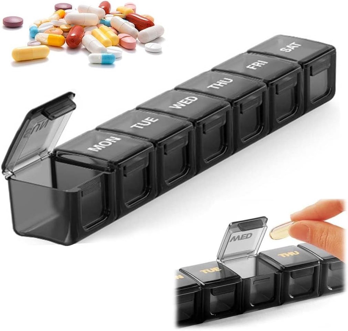 Medicijnopbergdoos voor 7 dagen met bloemenvormige vakken - Ideaal voor medicijnen, vitaminen en voedingssupplementen, zwart en handig voor onderweg
