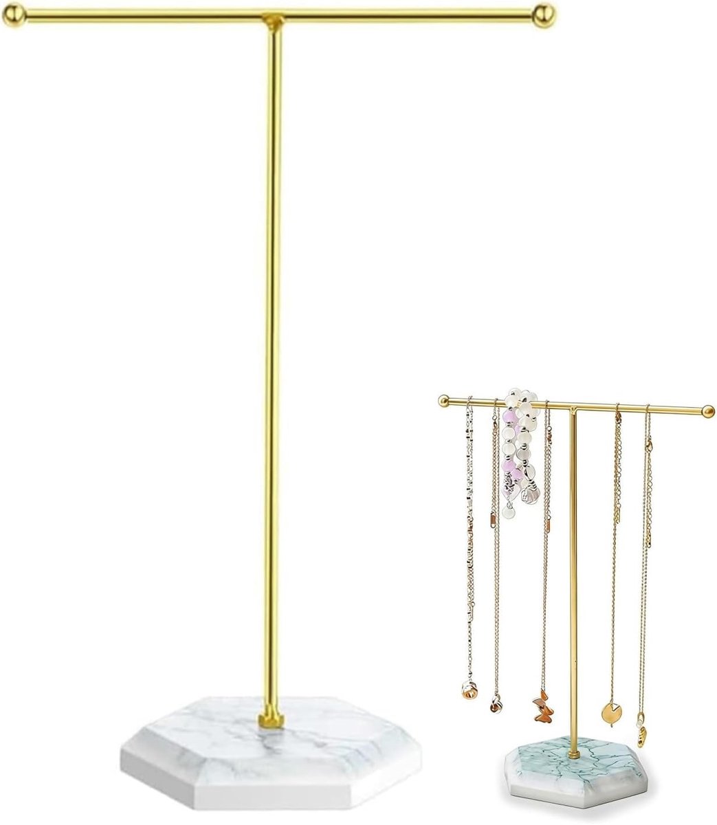 Sieradenorganisator met marmerpatroon, metalen T-bar displaystandaard voor kettingen, armbanden en oorbellen, stijlvolle sieradenhouder voor een opgeruimd interieur