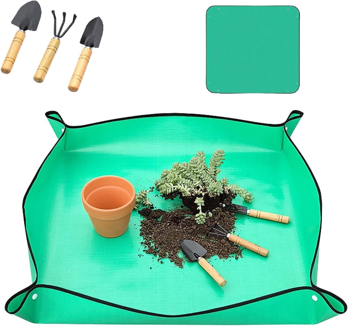 Vouwbare en Waterdichte Plantmat voor Binnen en Buiten, Ideaal voor Verpotten en Transplanteren, Inclusief 3 Tuinscheppen, 75 x 75 cm, Tuinwerk Mat voor Gemakkelijk Gebruik
