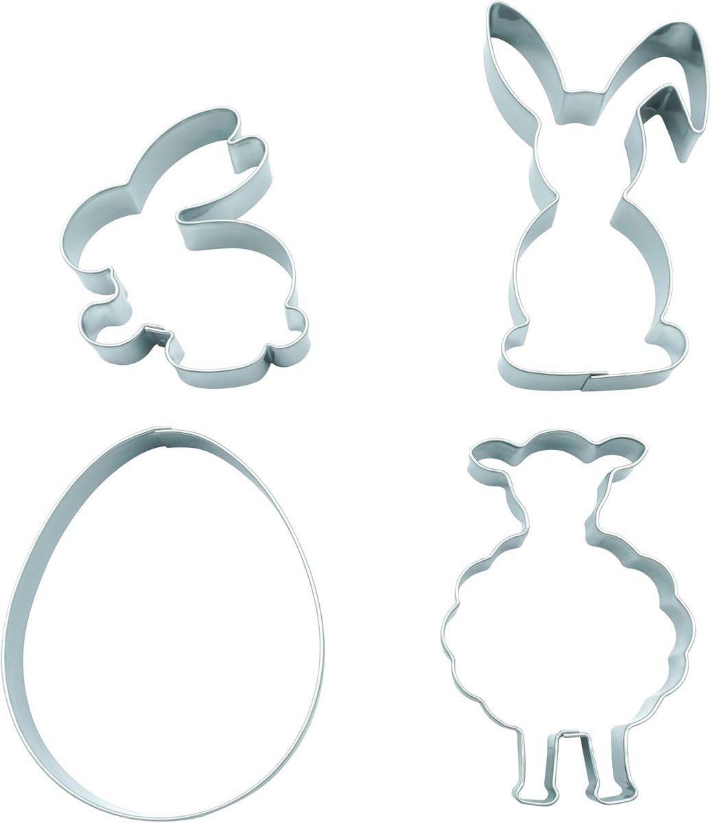BekkiB 21604 - set van 4 "Pasen" - uitsteekvormpjes in de vorm van haas met slapoor, schaap, ei en zittende haas - ShopVlot