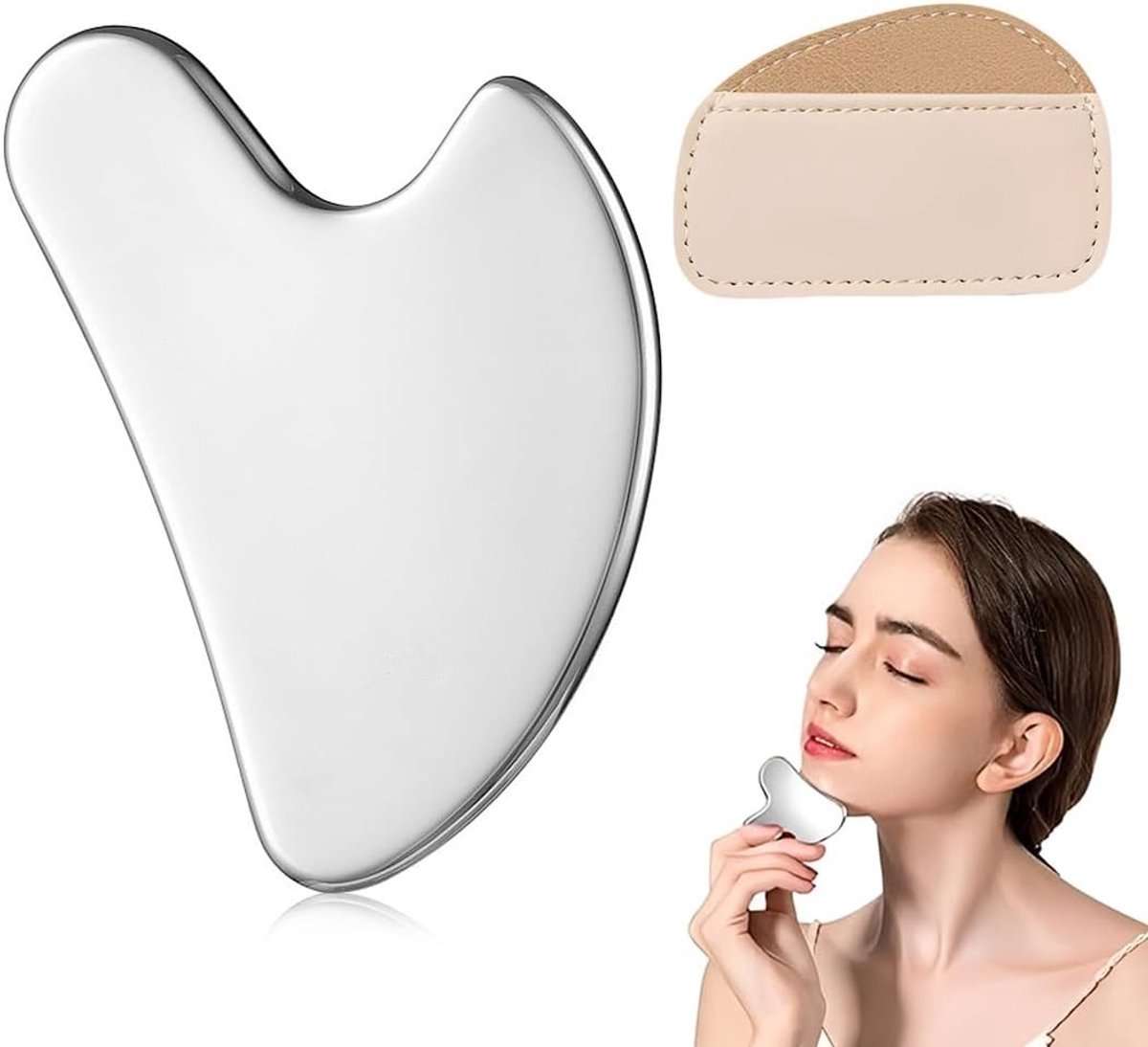 Hartvormig Gua Sha gezichtsmassageapparaat van roestvrij staal, 6 x 4 cm voor huidverzorging, ontspanning en verbetering van de doorbloeding