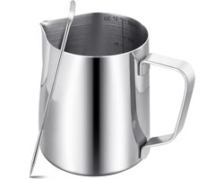 Professionele melkopschuimer kan met decoratiepen, 350ml roestvrijstalen melkkan voor cappuccino, latte en espresso, vaatwasserbestendig