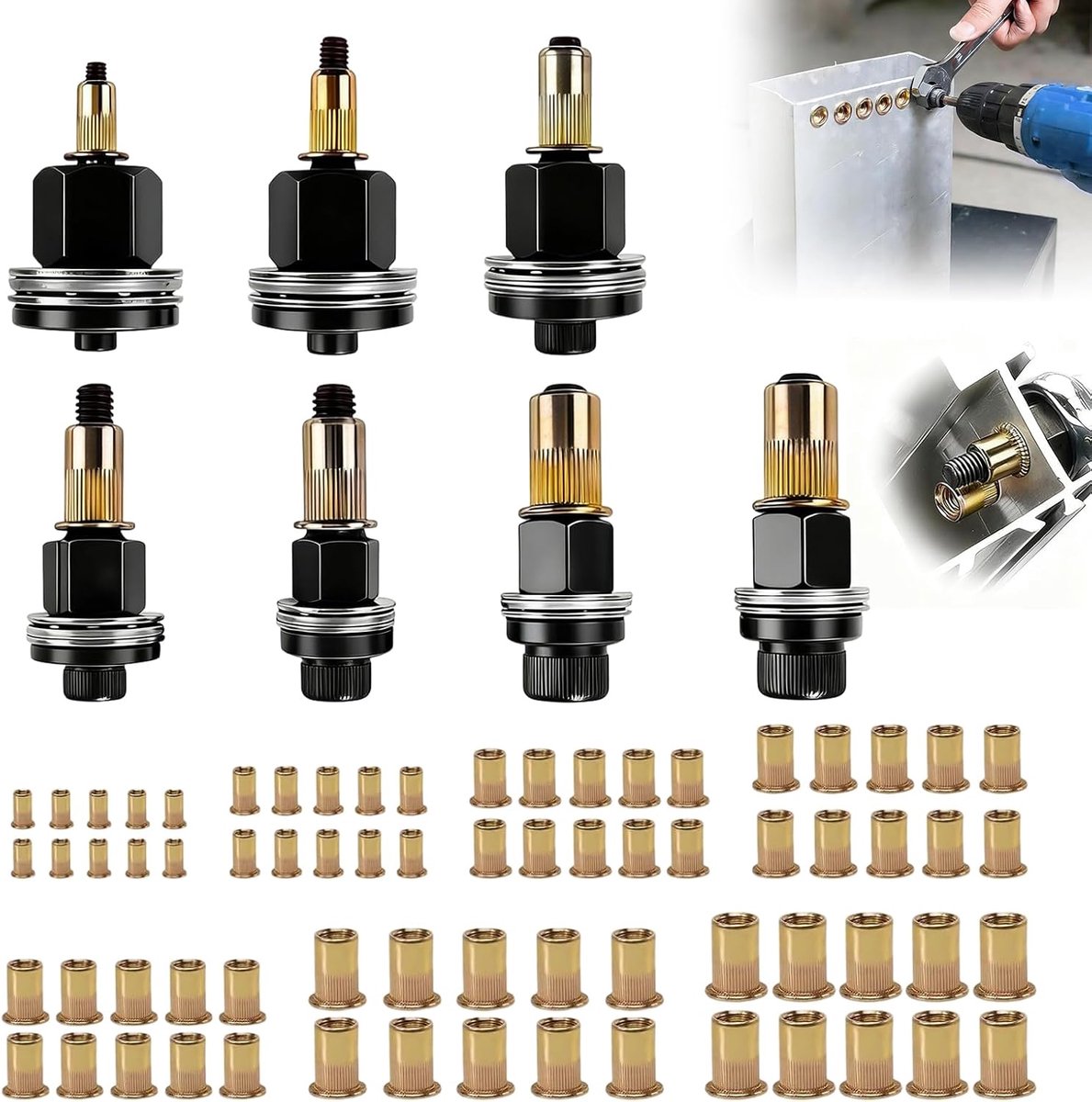 Nietmoertangset, 7 stuks, inpersmoeren, klinkmoeren, klinkmoeren, set, intrekmoeren voor M3, M4, M5, M6, M8, M10, M12 - ShopVlot
