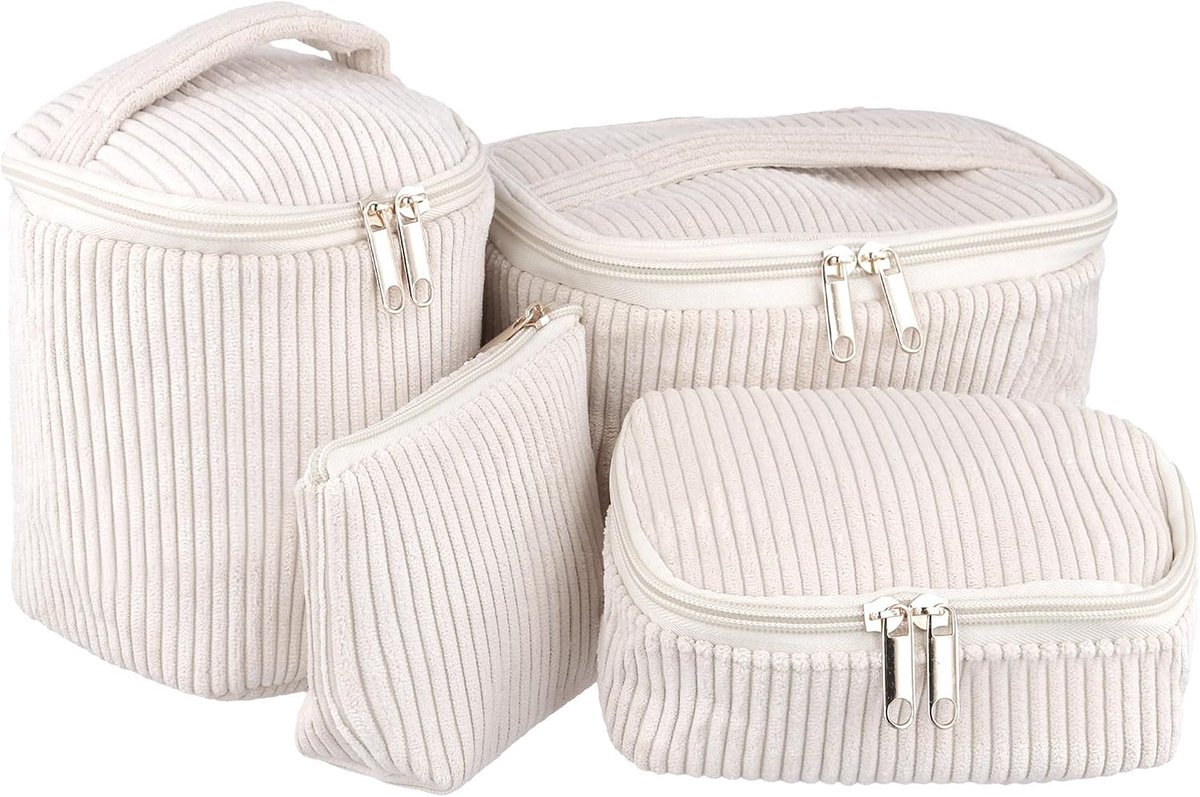 4-delige make-uptas, klein, corduroy toilettas voor dames, make-uptas met ritssluiting en vakken, draagbare - ShopVlot