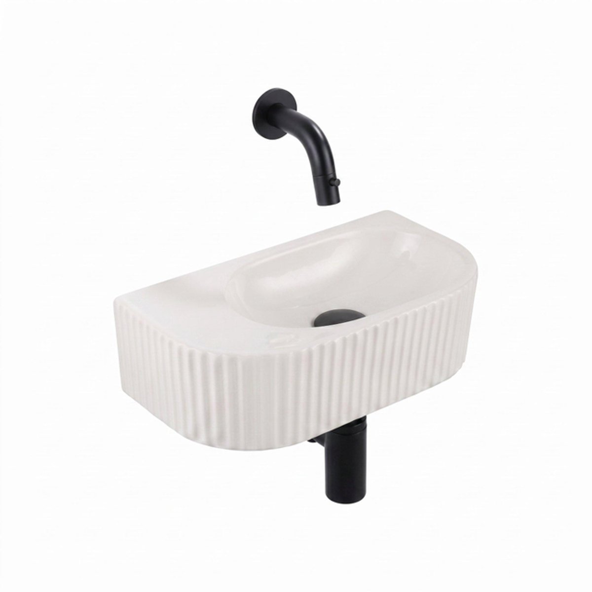 QeramiQ Fuente fonteinset – halfrond – 40x22x12 cm – zonder kraangat – mat zwarte kraan – geribbeld
