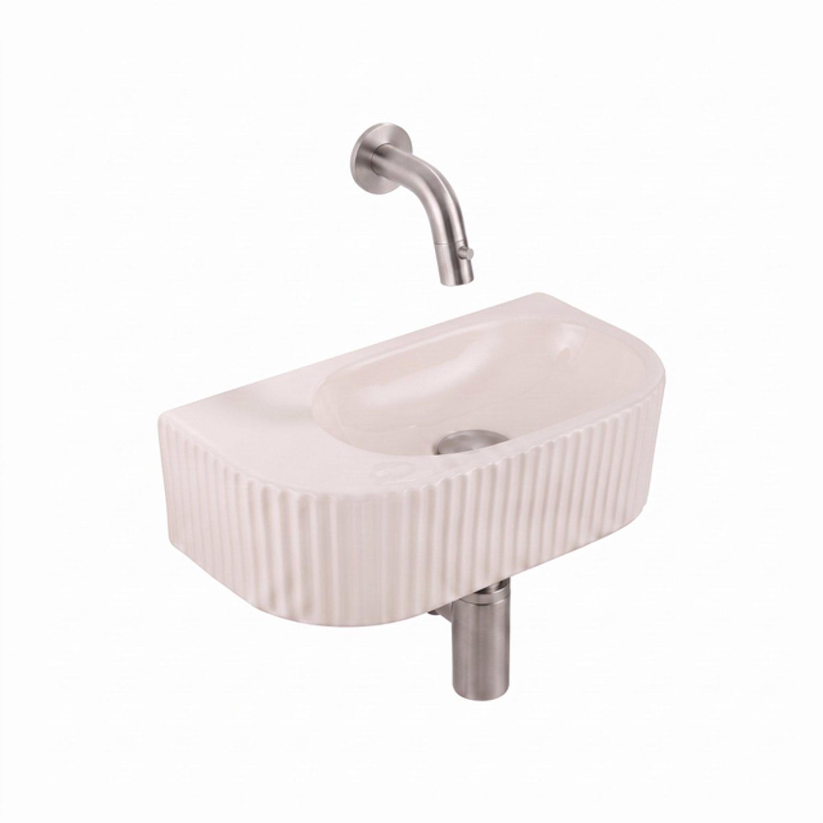 QeramiQ Fuente fonteinset – halfrond – 40x22x12 cm – zonder kraangat – kraan geborsteld RVS – geribbeld