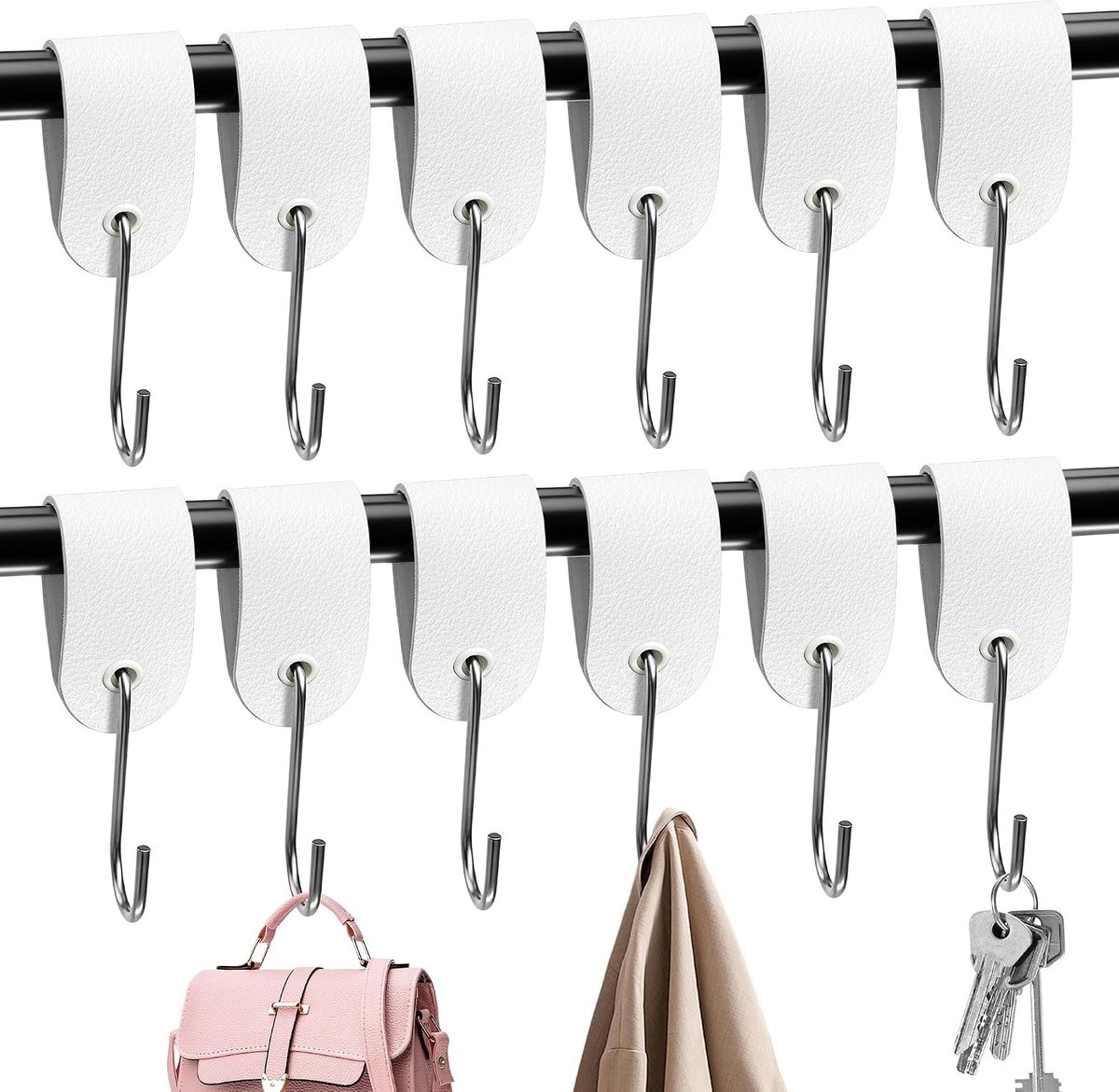 12 stuks S-haken wit met leren lus, haken voor kledingstang, haken, kledinghaken, roestvrij staal, voor garderobe - ShopVlot