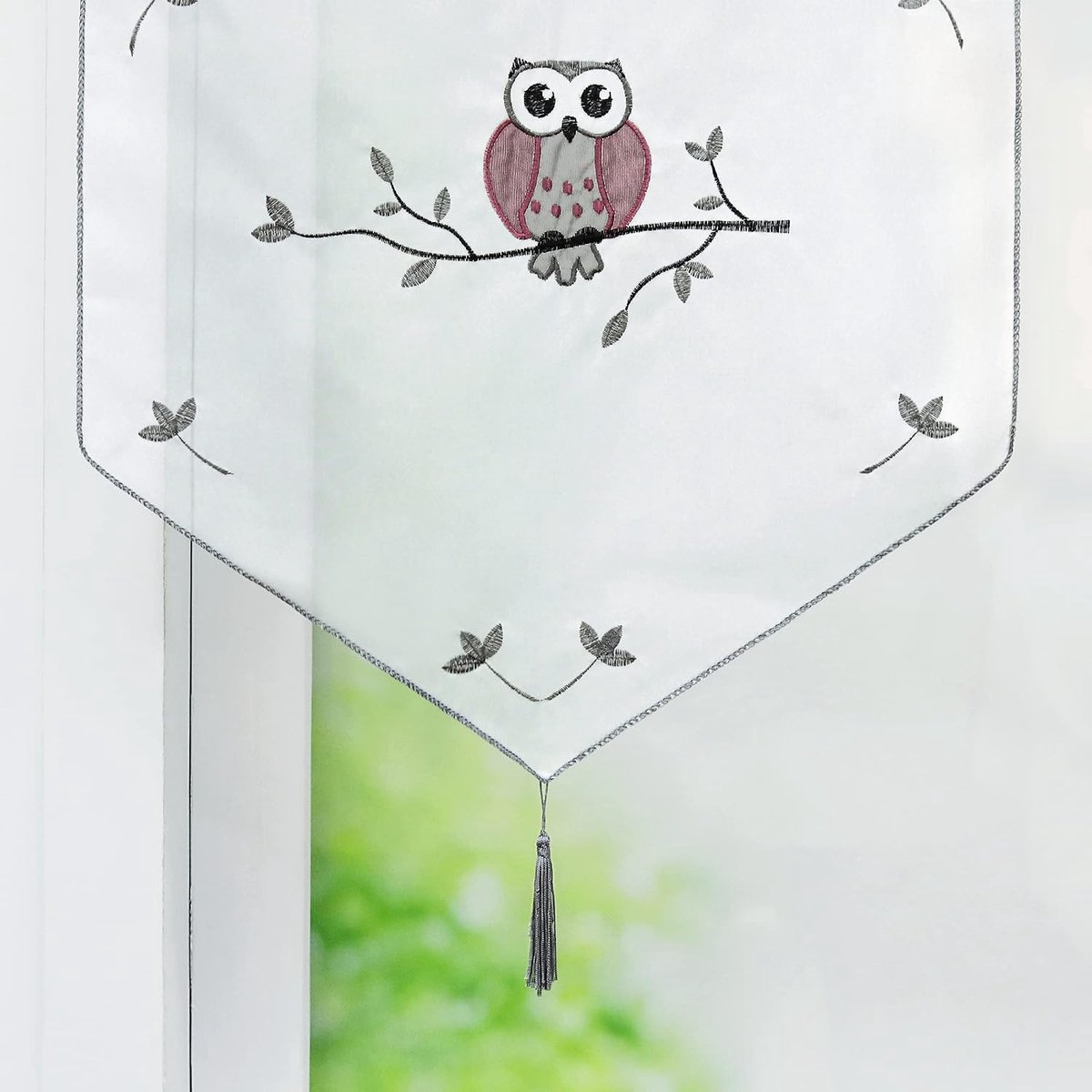 Heichkell Voile Net Curtains Owl Pattern Transparent Embroidered Bistro Curtain with Tassel Window Curtains Drawstring - ShopVlot