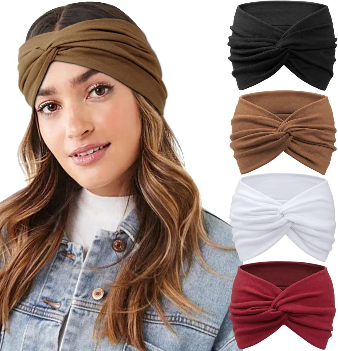 KZQ 4-delige set turban haarbanden voor dames - Brede vintage haarband met knoop - Zacht en stijlvol haaraccessoire - Zwart, donkerbruin, wit en bordeauxrood