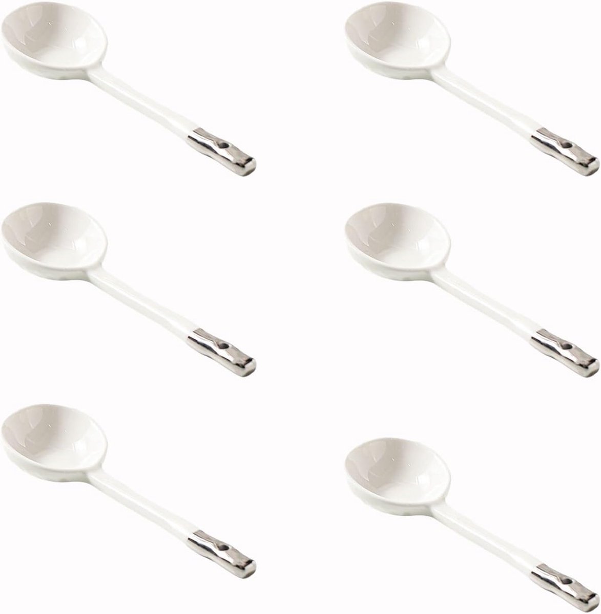 Ceramische Soeplepel 6 Stuks - Japanse Stijl - Met Handvat en Zilveren Afwerking - Ideaal voor Ramen en Desserts - ShopVlot