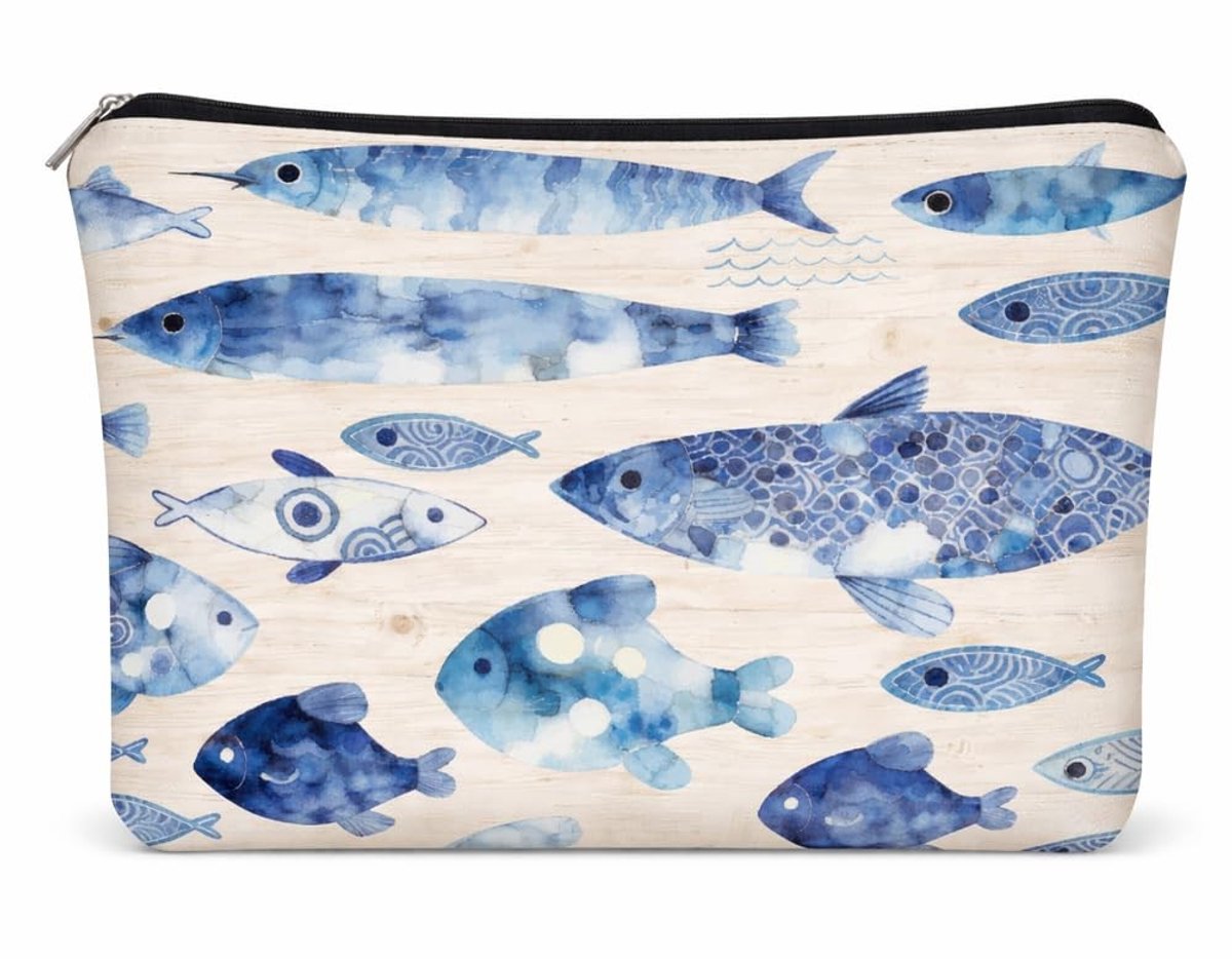 Solidchoice - Aquarel Blauwe Vis Make-up Tas met Dubbelzijdige Print