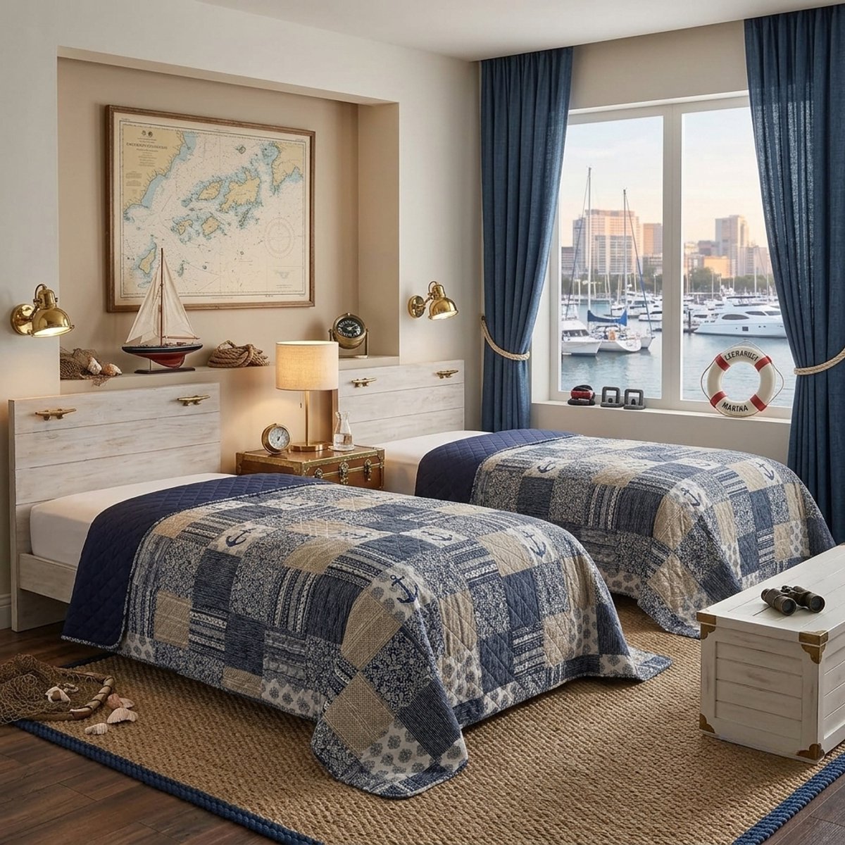 TRANKIELO® - Patchwork sprei Mellow Blue - Vintage design, eenpersoonsbed plaid, 140 x 210 cm