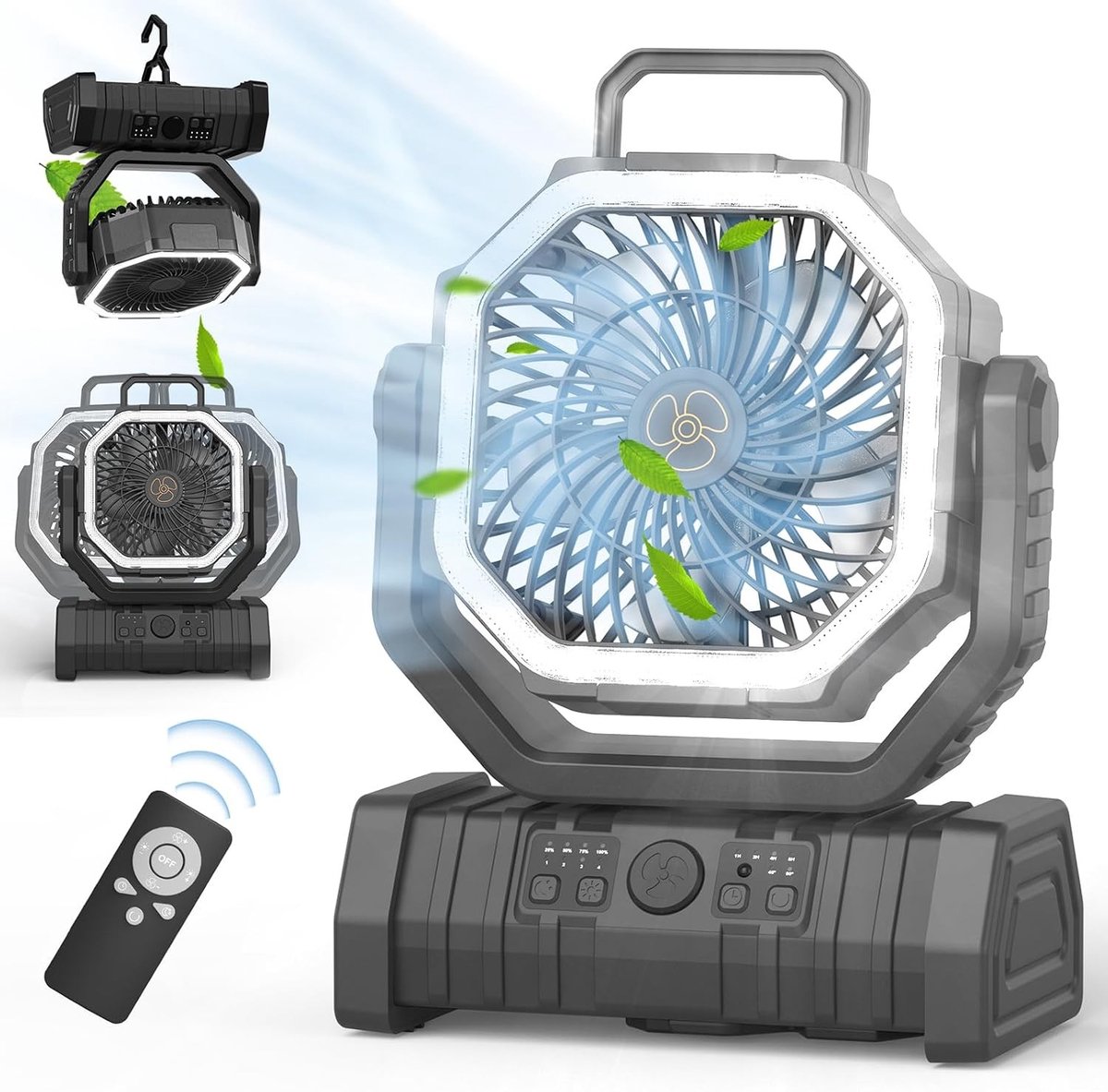 Campingventilator - Zwart - 20.000 mAh - Stille Ventilator met LED Verlichting - Voor Buiten en Binnen