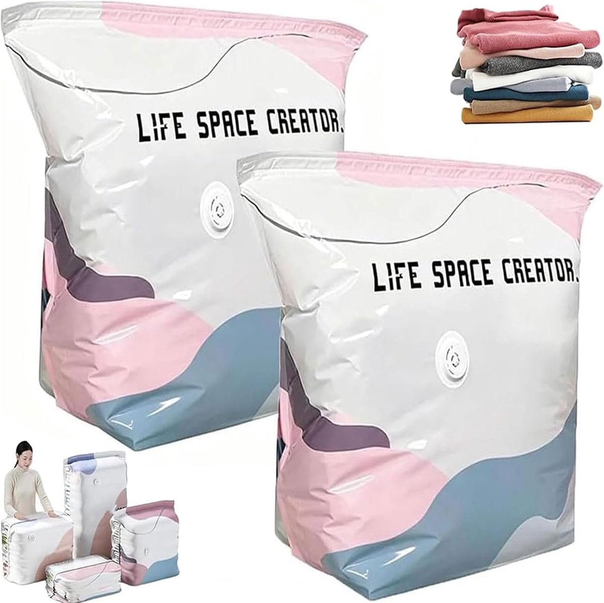 KZQ 2-delige vacuümopbergzakken 100x80x30 cm - Geen pomp nodig - Cube compressie voor kleding dekens en beddengoed - Herbruikbaar en ruimtebesparend - Transparant