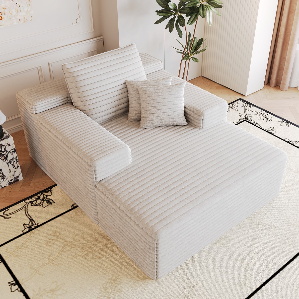 OKWISH Chaise Longue - 1-Zits Ligbank van Ribstof - Met Diepe Zit, Armleuningen & Zachte Schuimvulling - Voor Woonkamer en Slaapkamer - Wit