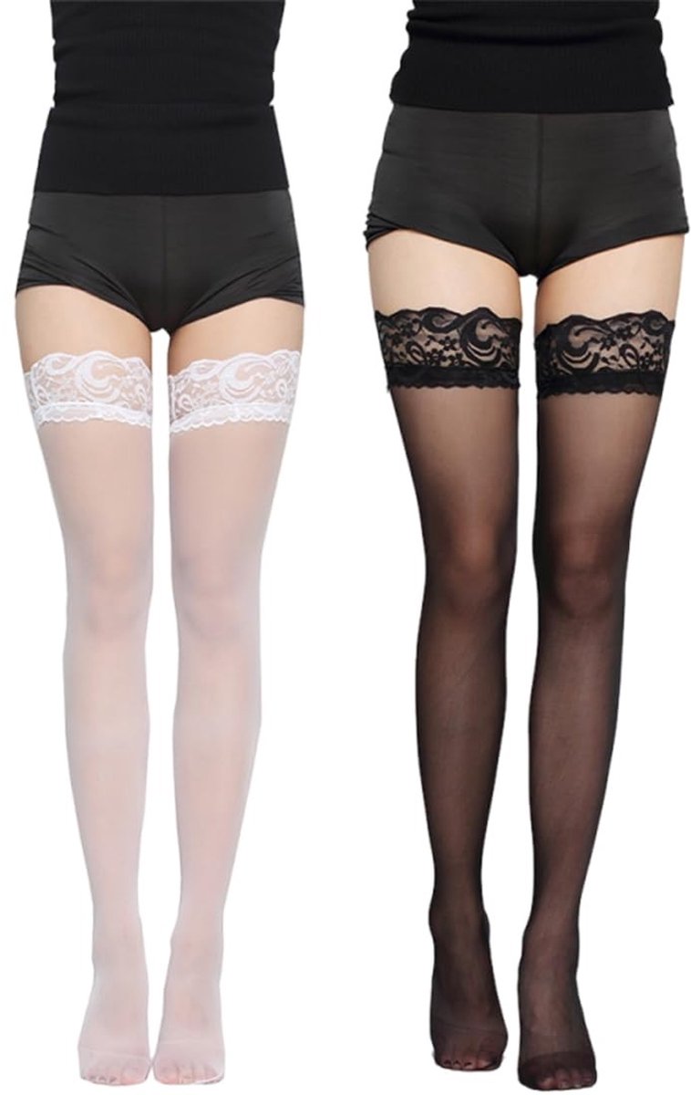 Solidchoice - 2 Paar Hoge Dikke Kousen met Kant voor Vrouwen