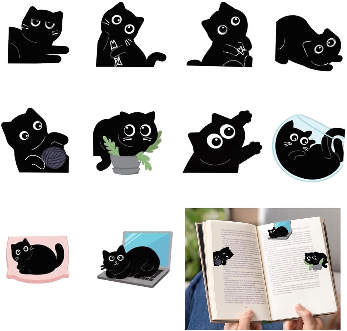 Solidchoice - 10 Stuks Magnetische Boekenleggers met Zwarte Katten