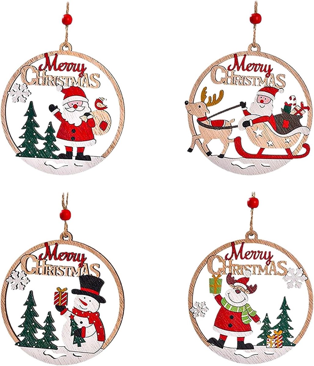 Set van 4 houten hangers voor kerstdecoratie - Kerstboom versieringen, ambachtelijke ornamenten en houten kerstdecoraties