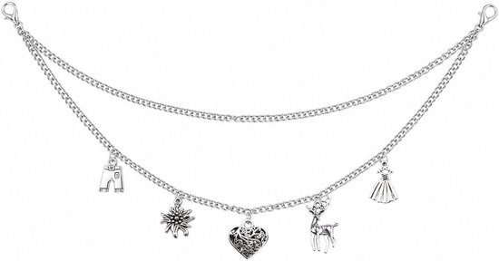 Zilverkleurige dubbele ketting met charmante bedeltjes: lederhosen, edelweiss, hart, hert en jurk.