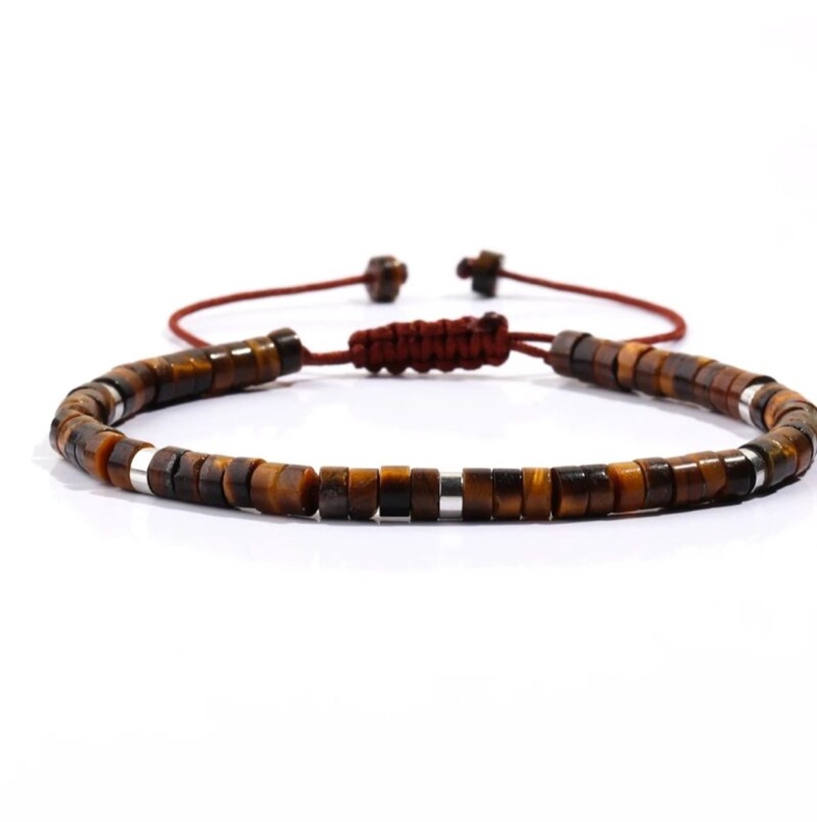 Uniseks armband Tijgeroog natuursteen 4 mm – Verstelbare kralenarmband met trekkoord – Bruin met zilverkleurige details – XS t/m XL