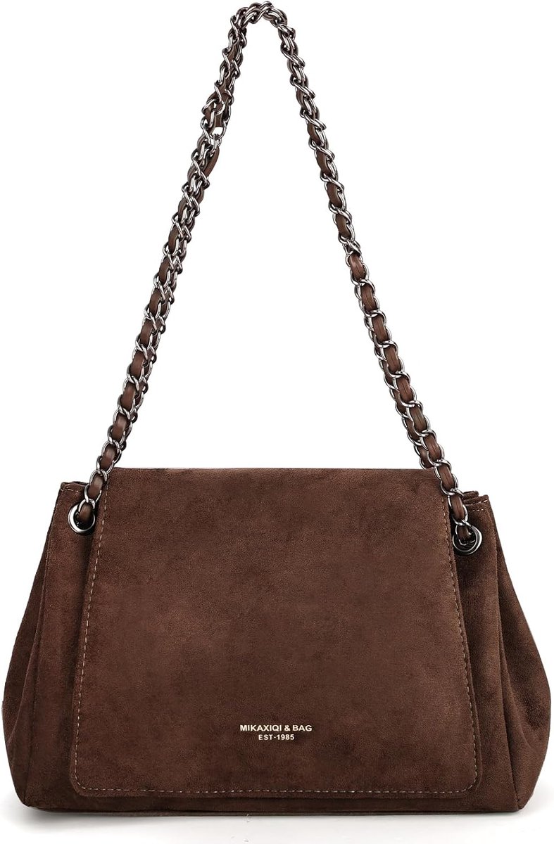 Vegan Suede schoudertas vrouwen, slouch tas met kettingriem en ruches ontwerp, zachte vintage crossbody tas voor - ShopVlot